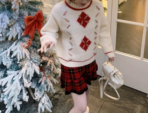 可爱圣诞毛衣加厚宽松节日氛围格子丝带羊绒中长款内搭