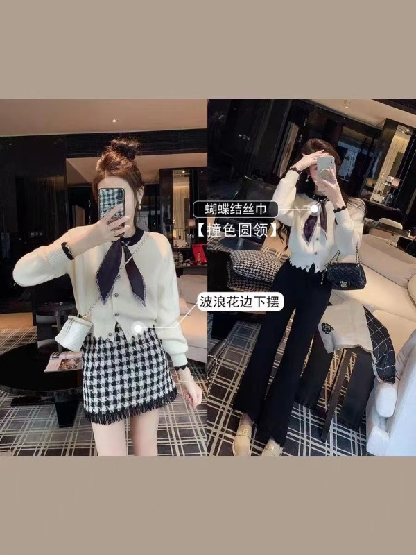 魚兔子的兔子系帶上衣女2023新款秋冬發灰色名媛開衫領口撞色