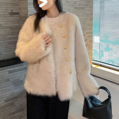 National fashion style young new autumn and winter retro round neck fox fur eco-friendly fur gilt buckle imitation fur jacket for women