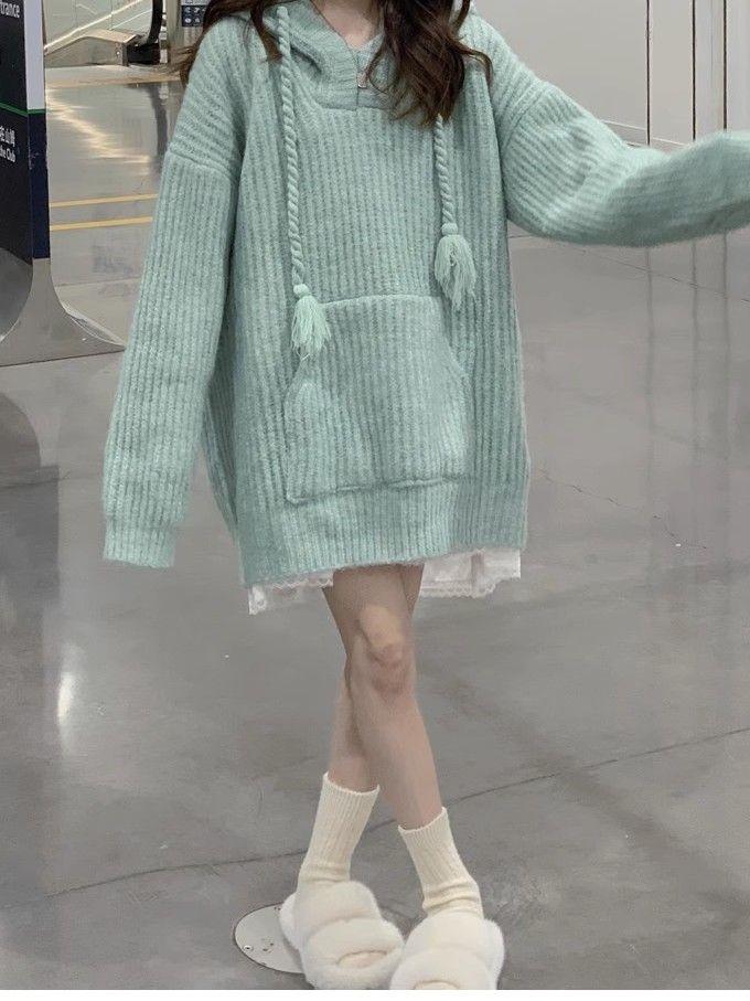 秋季2023年新款韓版慵懶風寬鬆連帽針織衫女純色抽繩口袋套頭毛衣