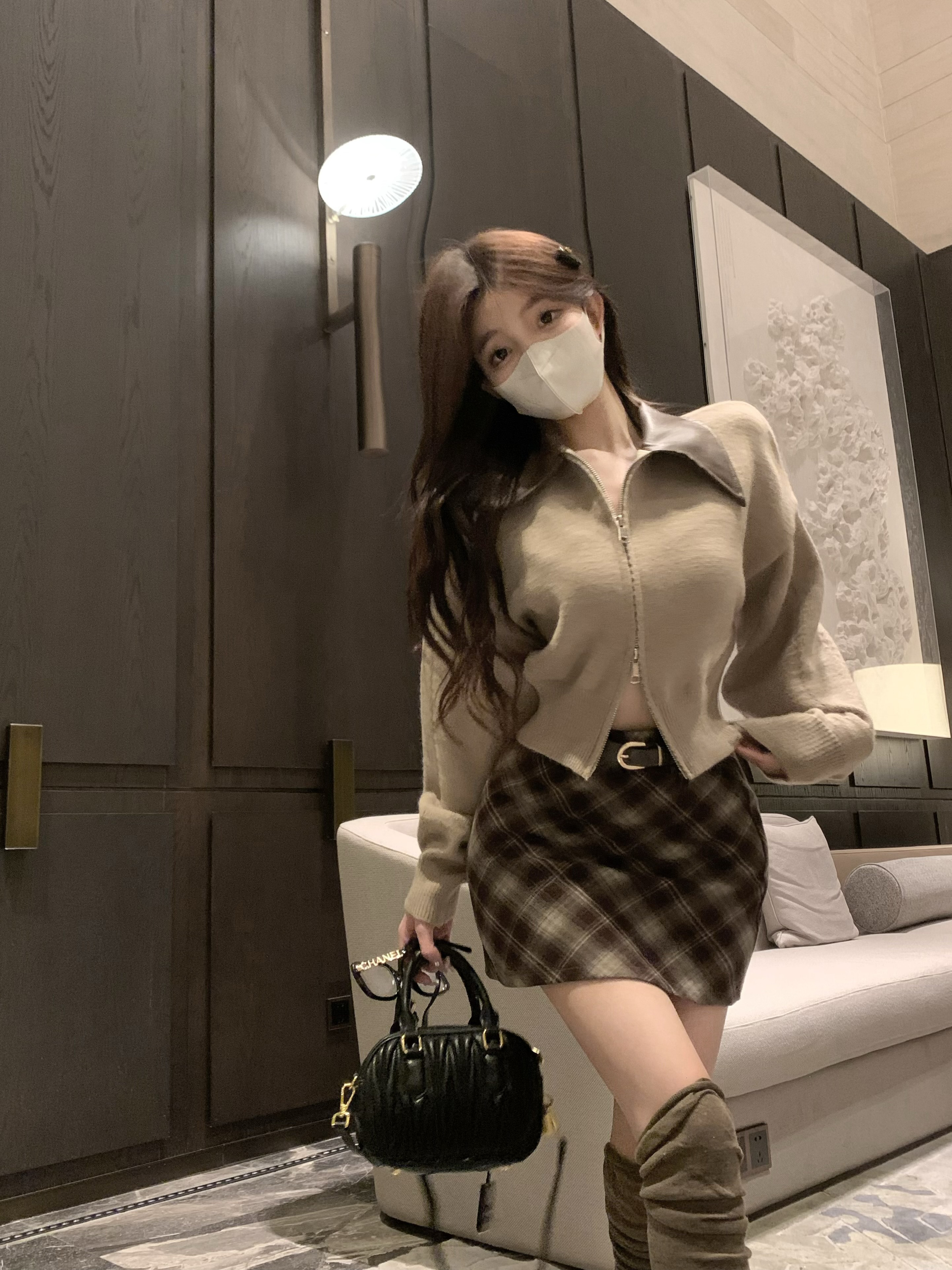 實拍~設計感拼接皮領雙拉鏈針織衫毛衣軟糯別致復古上衣