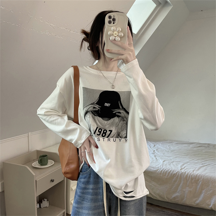 實拍圓領下擺割破破洞中長款白色長袖T恤加厚打底衫女