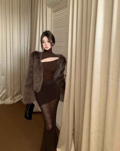 V-neck fur coat for women, short, furry, sexy coat, waistcoat + skirt, sexy slimming, see-through mesh skirt