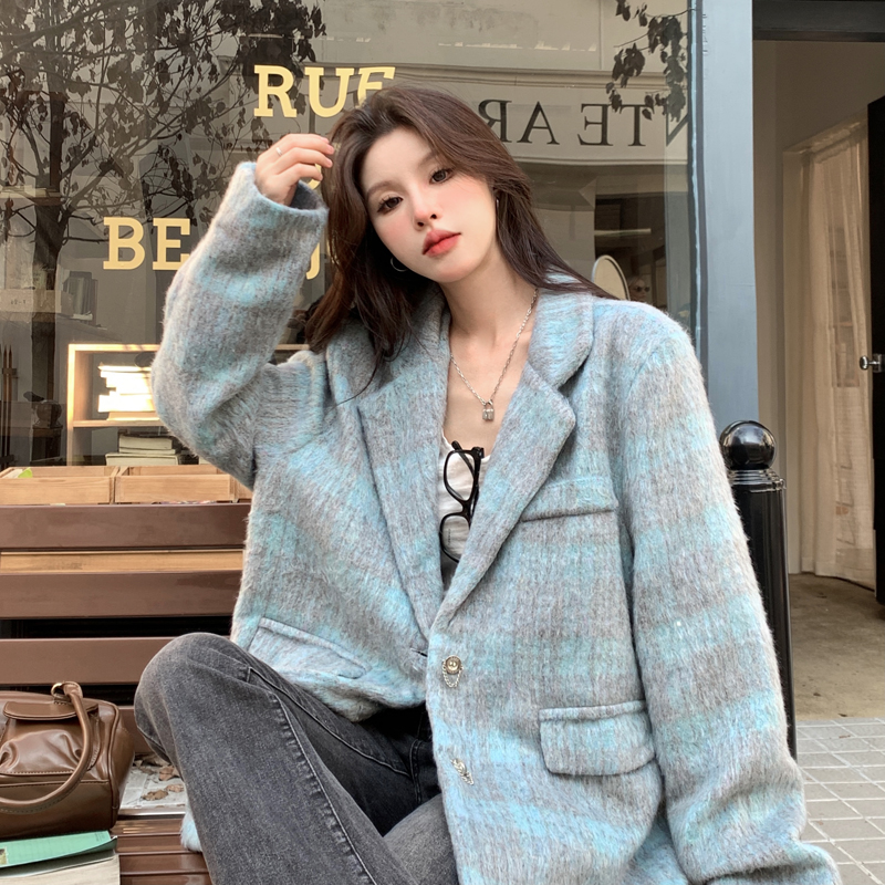 Double-layer interior retro high-end sense long woolen plaid suit jacket for women 2023 autumn and winter trendy versatile tops