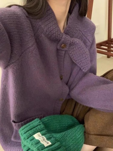 Korean  autumn and winter women's high-quality thickened purple knitted cardigan sweater jacket with small neckline