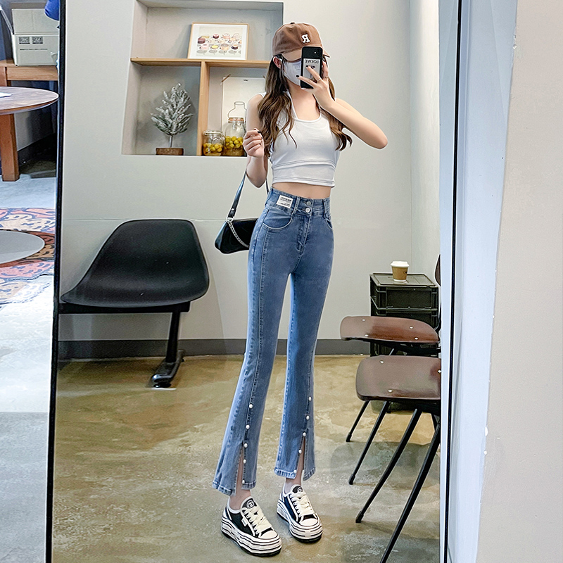 實拍2023秋季時尚潮流拼接修身微喇開叉美式復古牛仔褲女