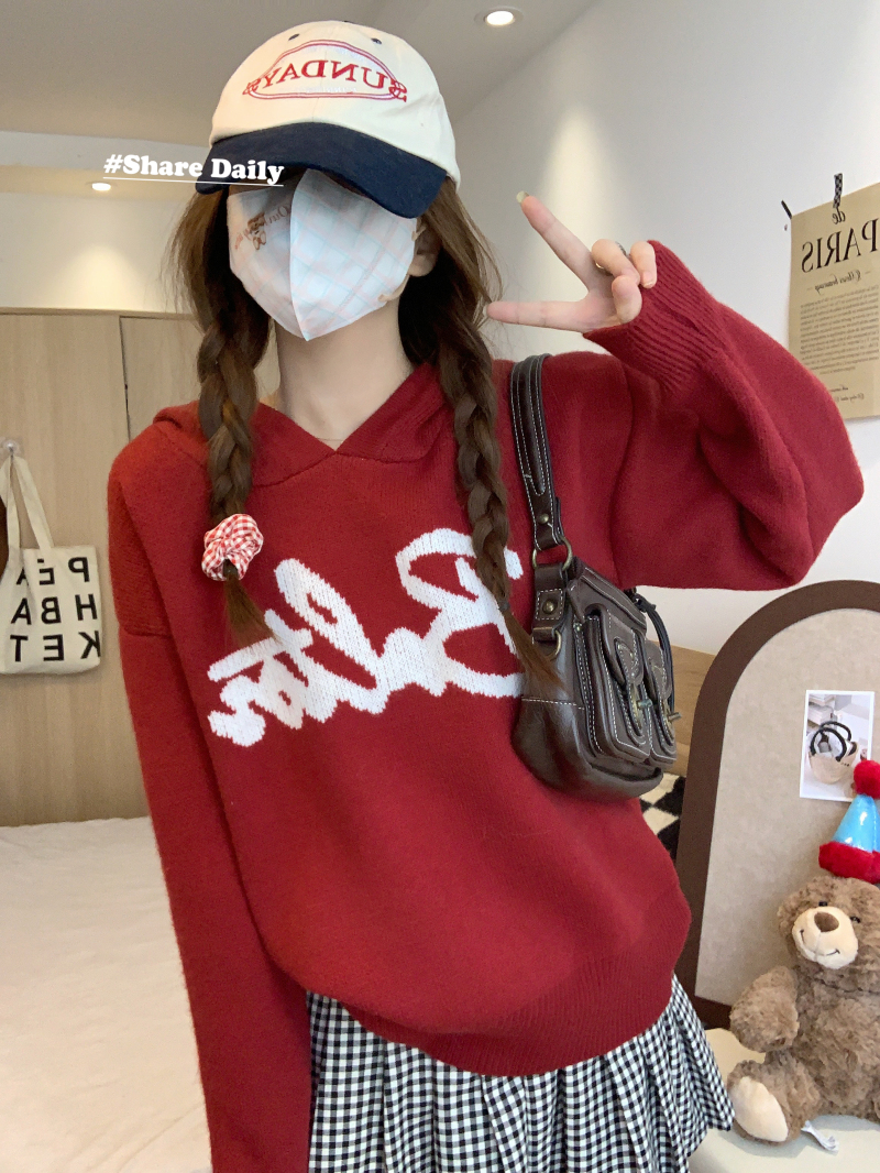 實拍 慵懶風芝麻夾心字母連帽套頭毛衣女韓版寬鬆針織上衣