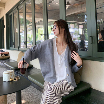剁椒小姐 慵懶feel~秋冬V領寬鬆外套百搭開衫