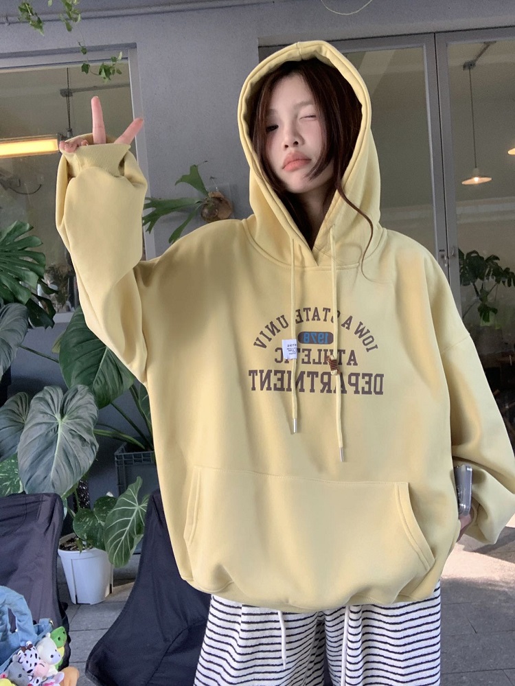 Real shot American style letter print hooded fleece thickened sweatshirt autumn and winter new lazy loose long-sleeved top 