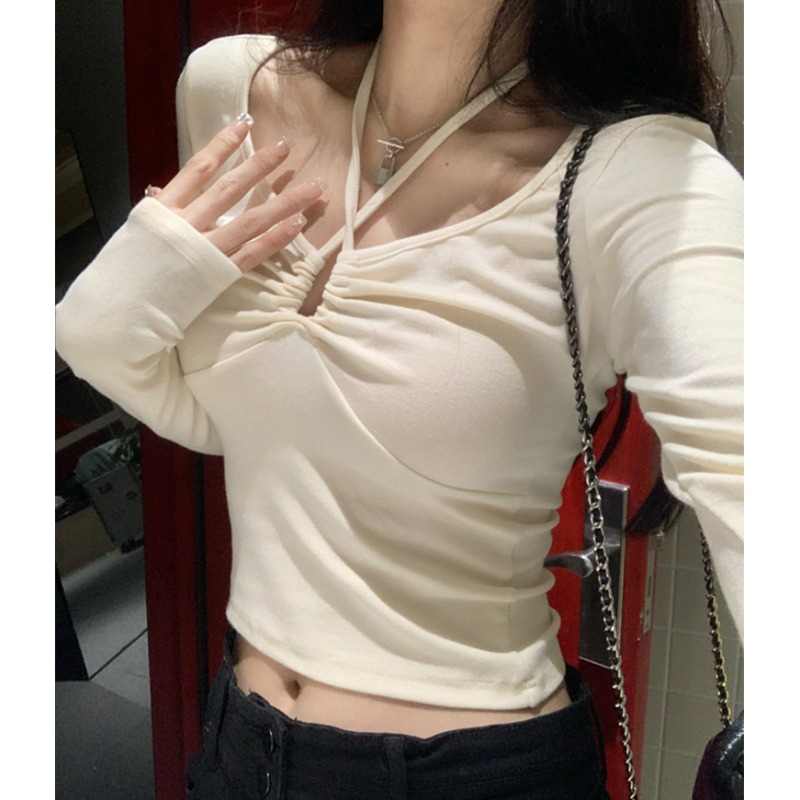 衝量引流福利款純欲v領綁帶掛脖長袖上衣女秋冬設計感辣妹T恤