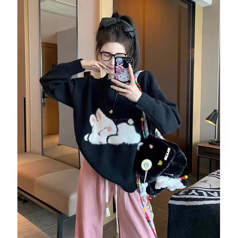 提花兔子毛衣女秋冬2023新款寬鬆慵懶風軟糯可愛打底針織衫上衣潮