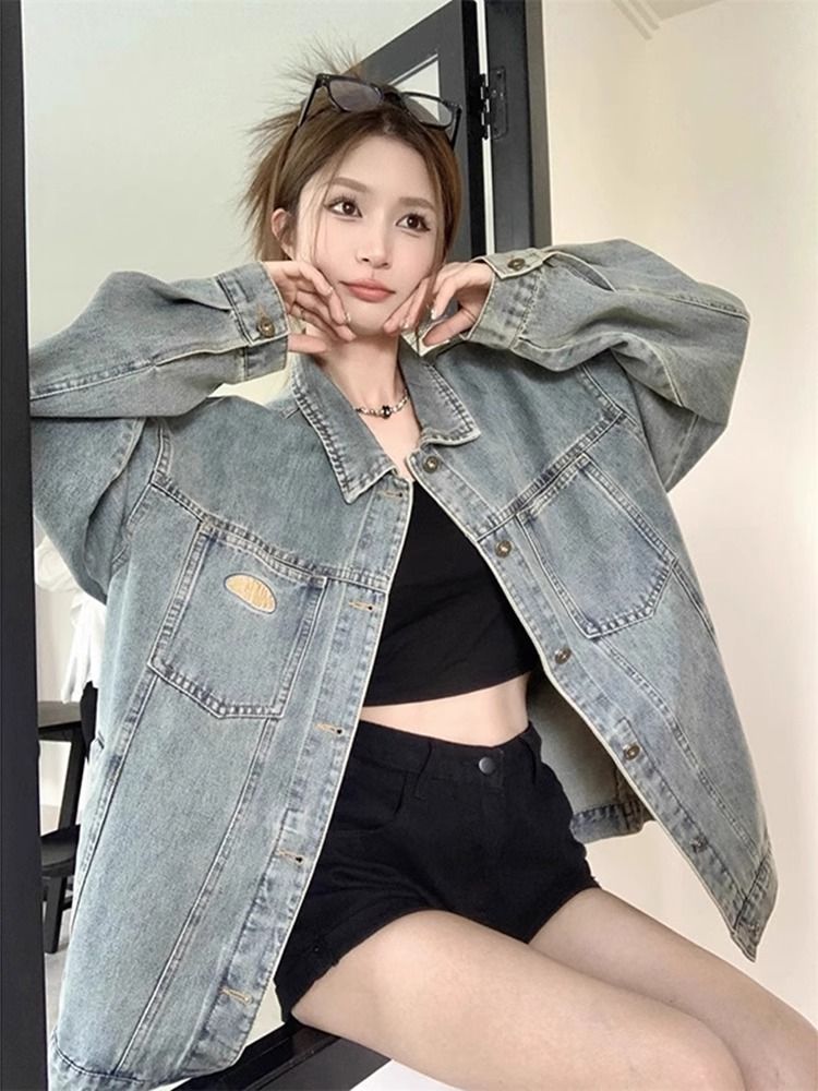 美式復古牛仔外套女春秋新款港風chic休閒高級設計感小眾寬鬆上衣