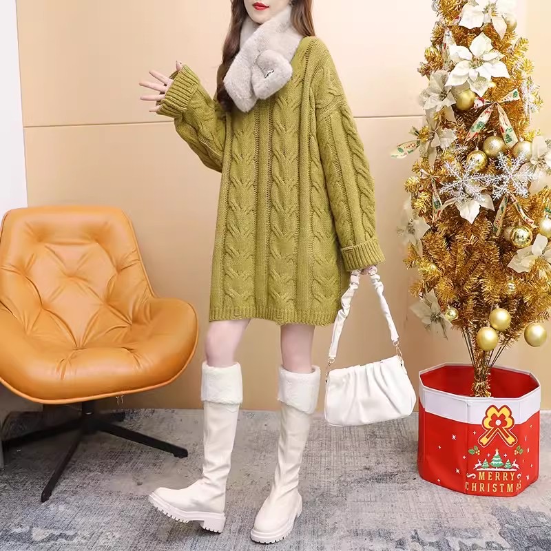 復古麻花毛衣女加厚中長款2023新款秋冬季寬鬆慵懶風百搭針織外套
