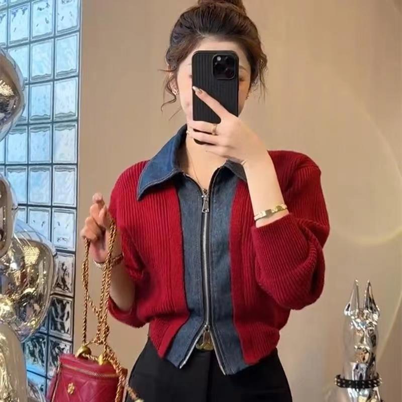 秋冬網紅套裝女雙頭拉鏈開衫皮皮拼接純色毛衣半身裙兩件套潮
