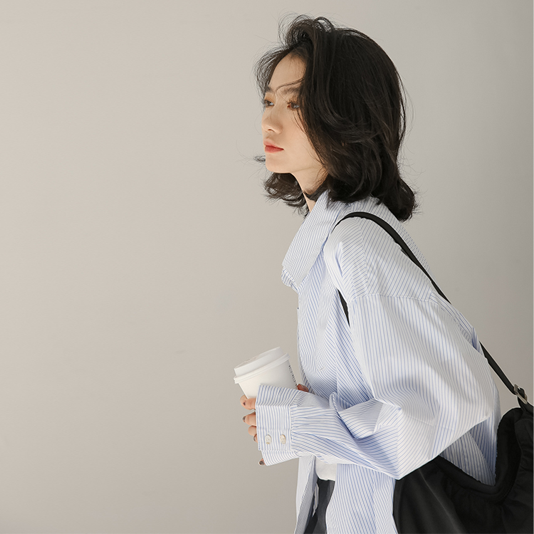 實拍條紋襯衣設計感小眾2023春秋韓版新款時尚不規則長袖寬鬆上衣