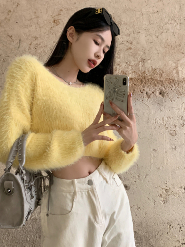 Actual shot~6 colors/design pure desire V-neck sexy solid color imitation mink velvet simple short sweater for women