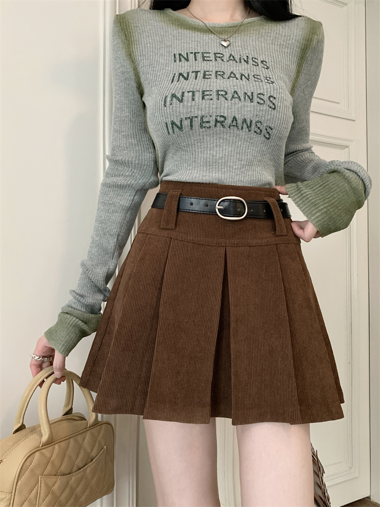 Actual shot ~Retro Hot Girl Corduroy Pleated Skirt Female High Waist Slimming A-Line Anti-Exposed Skirt