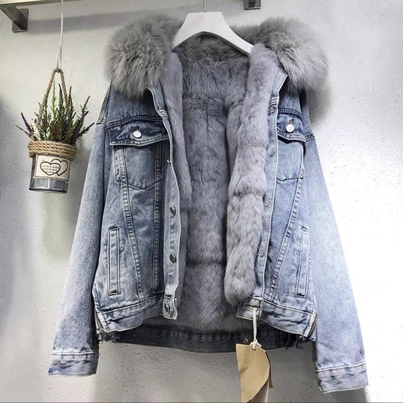 Large fur collar denim jacket women's short 2023 winter new versatile Korean style loose plus velvet thickened cotton coat