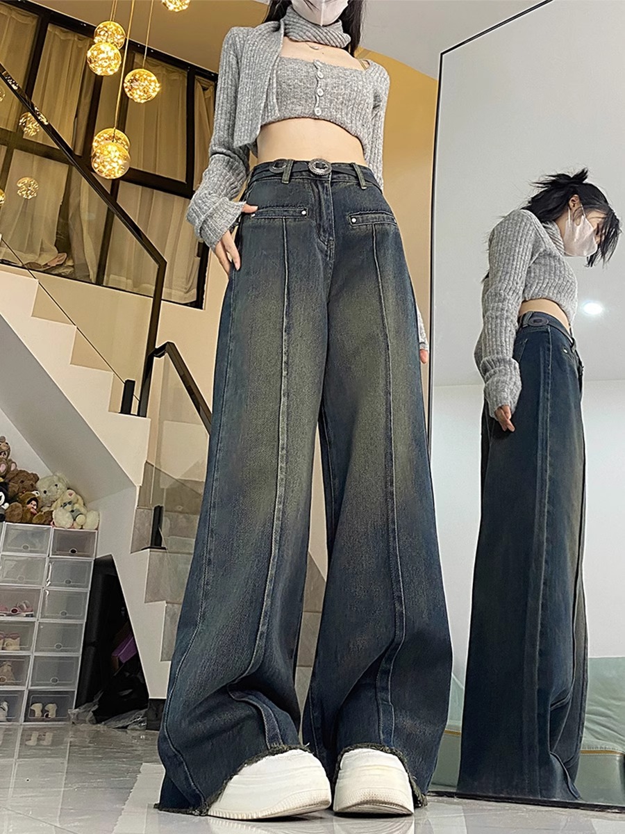 新款復古美式牛仔褲女秋季設計感寬鬆顯瘦高腰直筒闊腿拖地褲潮