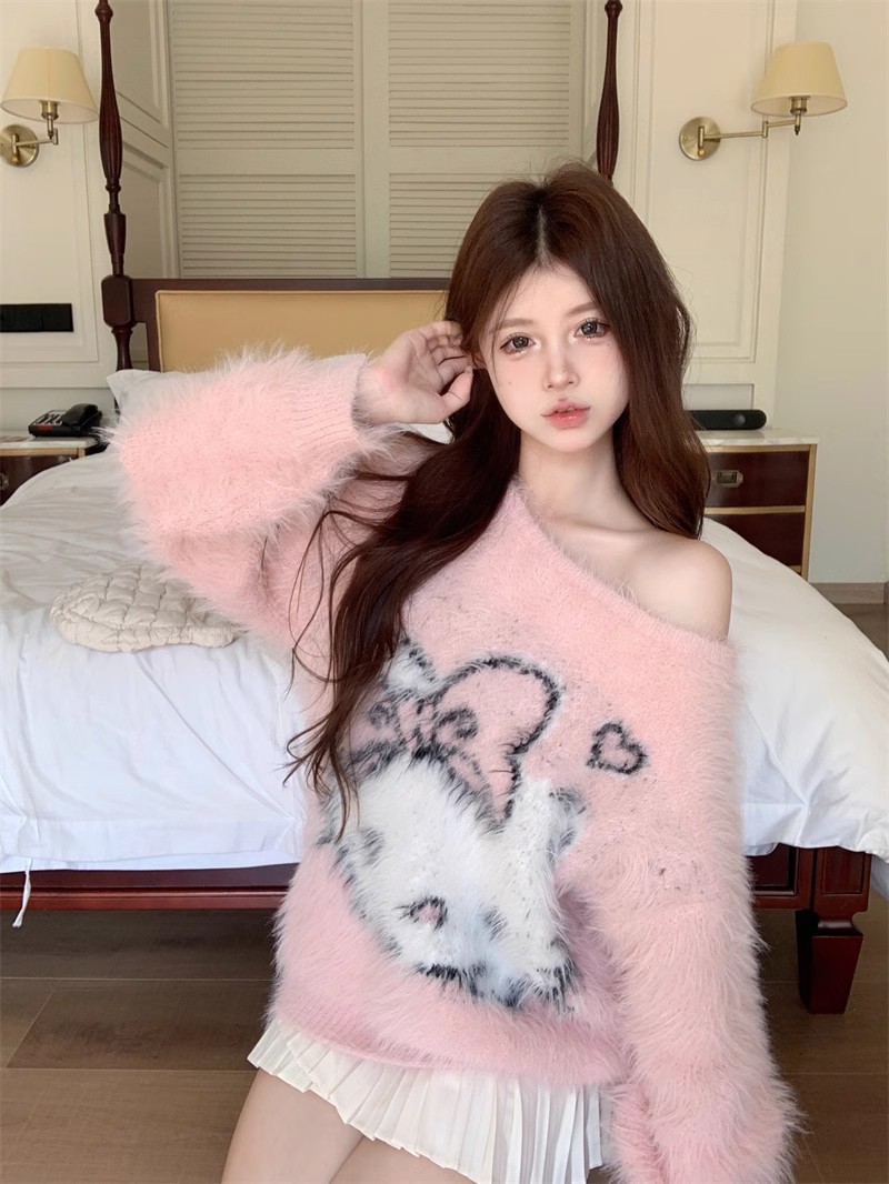 卡通提花軟糯套頭毛衣女秋冬季甜美寬鬆慵懶風針織衫仿水貂毛上衣