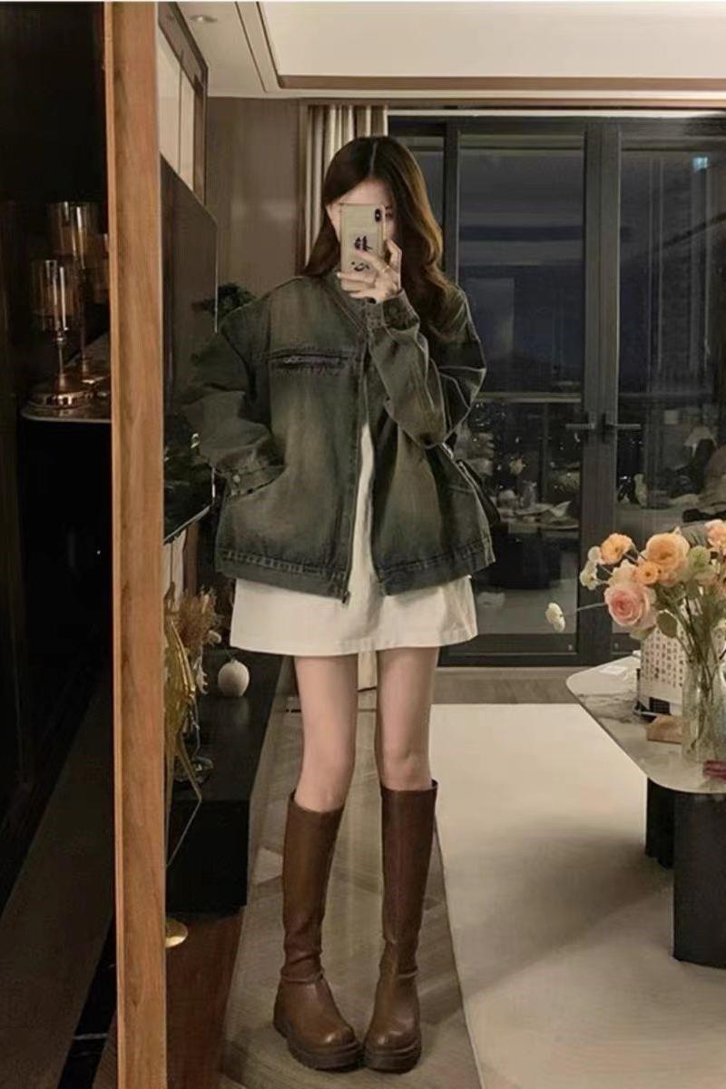 牛仔外套女春秋2023新款美式復古水洗做舊設計感寬鬆休閒夾克上衣