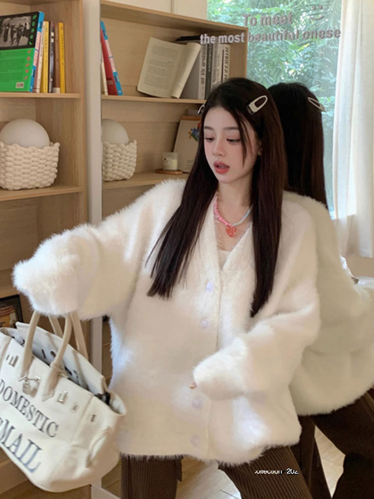 2023秋冬新款白色毛茸茸毛衣外套女寬鬆溫柔針織開衫上衣