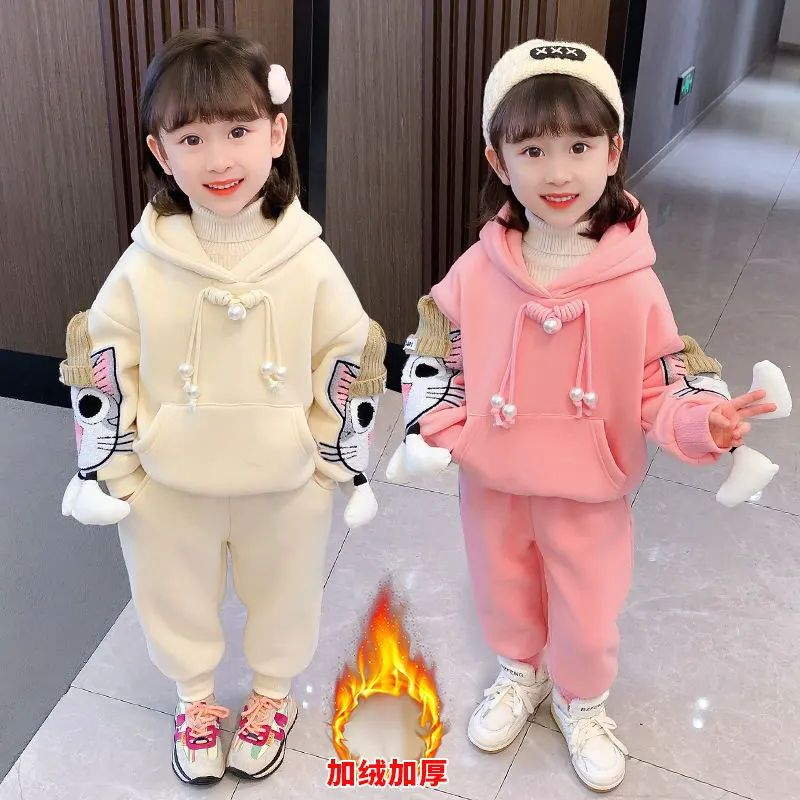 童裝女童加絨套裝秋冬季2023新款時尚洋氣加厚炸街兒童衛衣兩件套