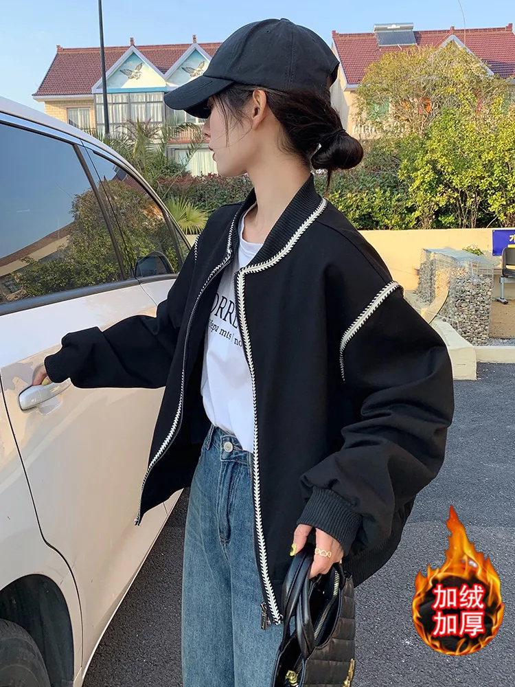 Velvet and thickened simple baseball uniform jacket for women autumn and winter 2023 new niche retro loose versatile long-sleeved top