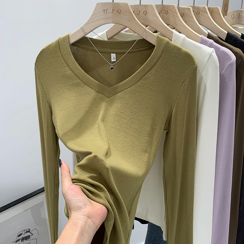 實拍圖韓系高級感V領修身彈力純色打底衫女