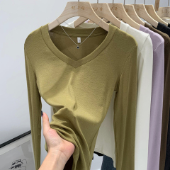 Real picture of Korean style high-end V-neck slimming elastic plain bottom shirt for women 