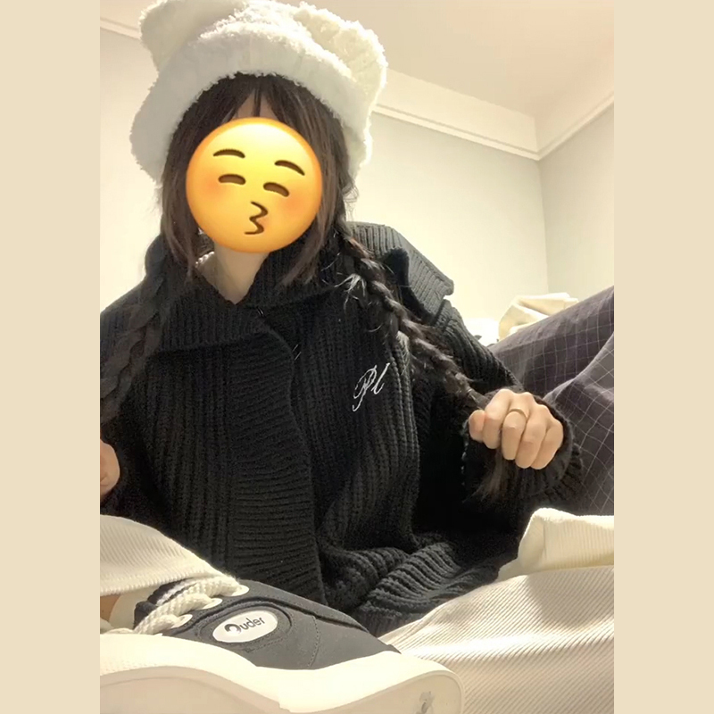韓系慵懶風黑色毛衣針織開衫早秋冬季高級感外搭寬鬆翻領外套女