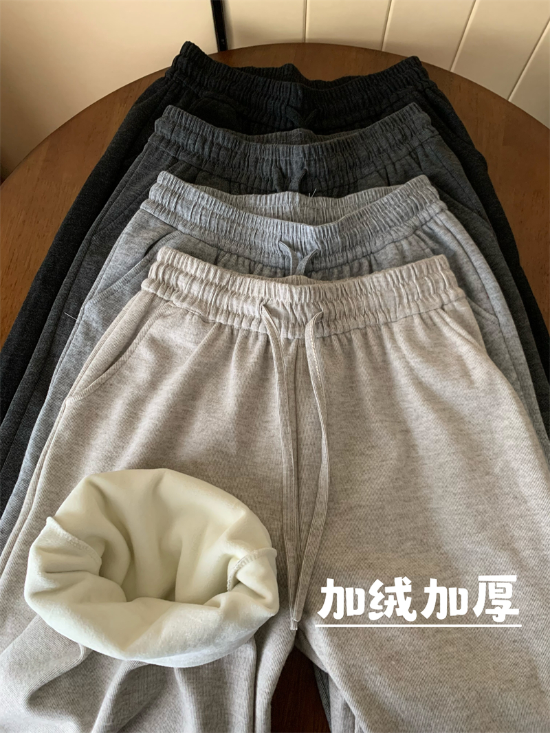 實拍秋冬加絨加厚糯米溜溜褲帶口袋高腰顯瘦直筒拖地休閒長褲