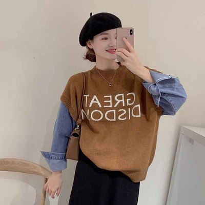 寬鬆百搭牛仔袖假兩件毛衣女秋冬新款韓版簡約時尚套頭針織上衣潮