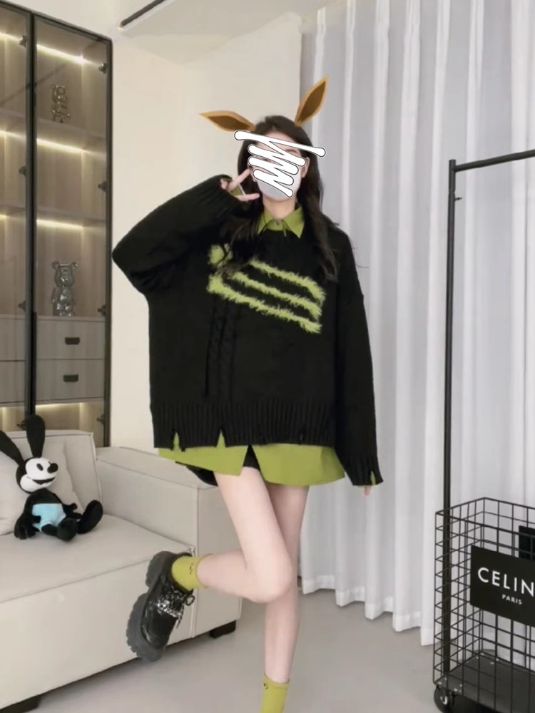 假兩件套韓版慵懶風黑色圓領毛衣女秋冬季針織衫外穿溫柔上衣