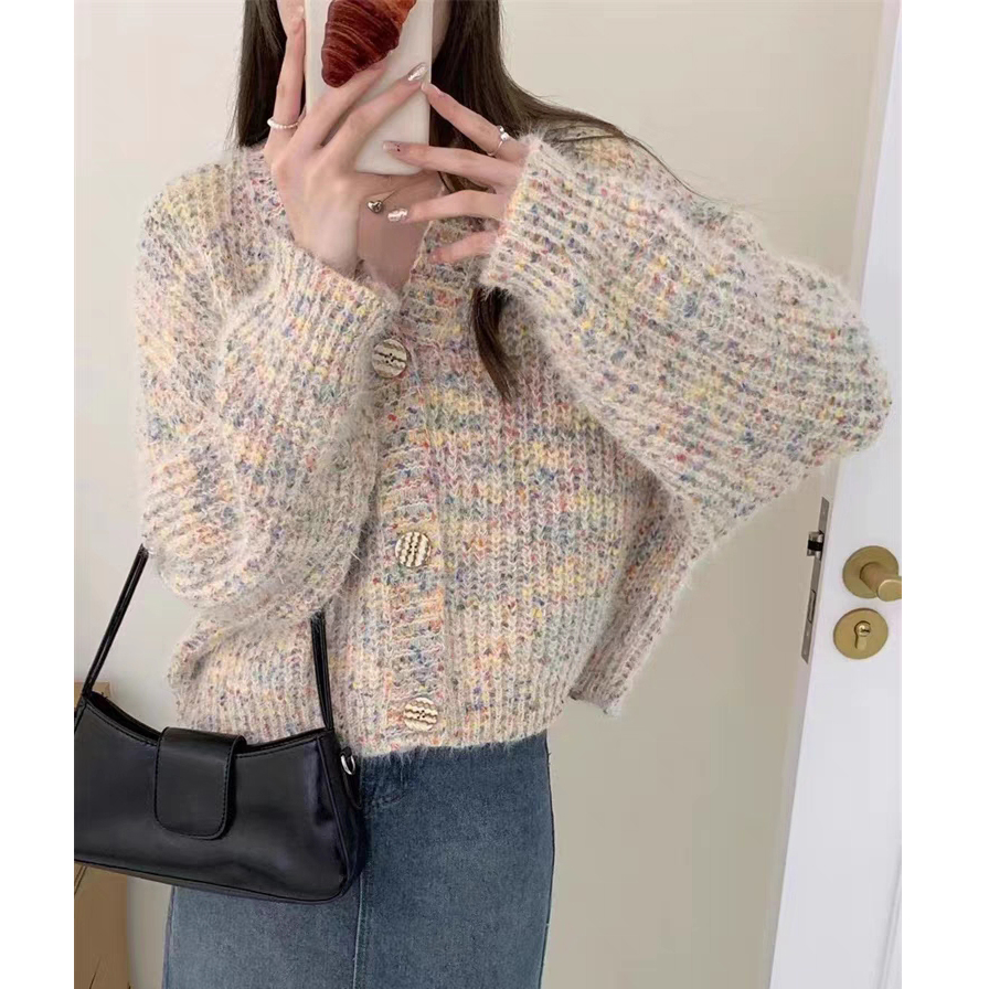 復古彩點毛衣外套女2023新款慵懶寬鬆軟糯花線針織衫v領上衣外穿
