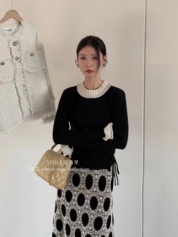 韓版木耳邊圓領溫柔甜美淑女氣質打底衫女冬季百搭內搭針織