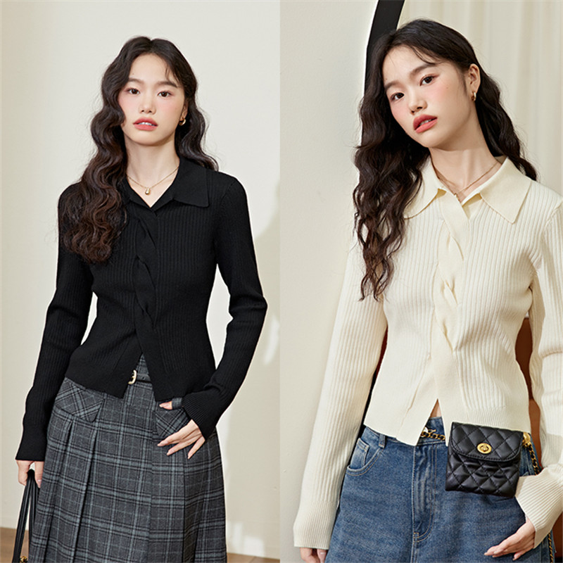 闊色翻領顯瘦藍毛衣女2023秋冬新款修身長袖打底衫內搭針織衫上衣