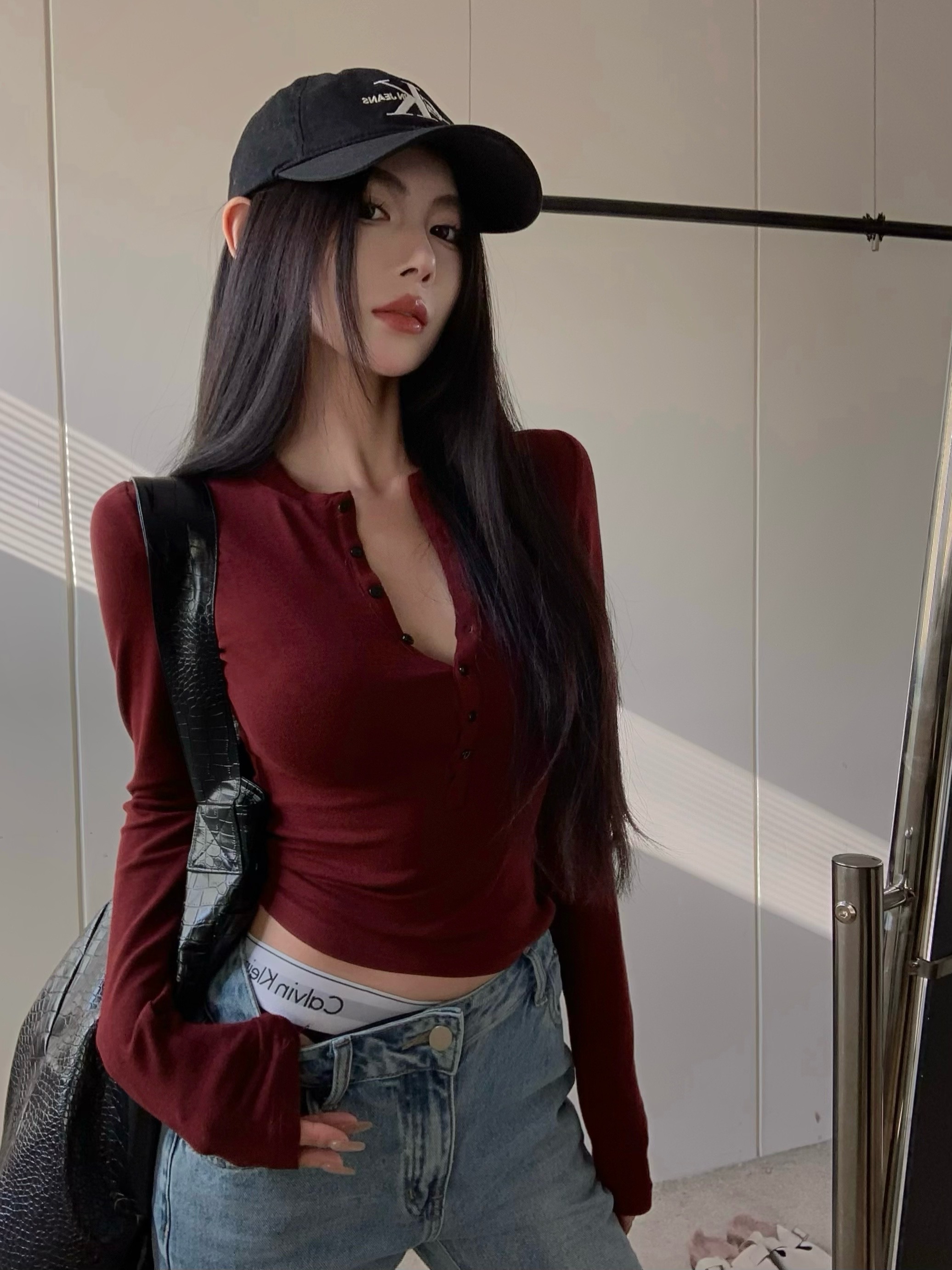 實拍 半開領打底衫親膚彈力修身內搭長袖t袖v領上衣