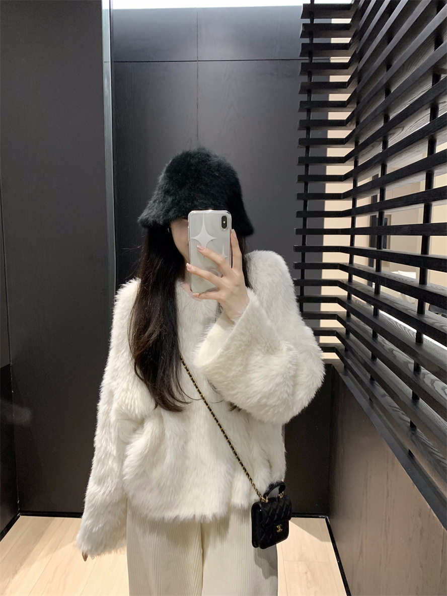 溫柔慵懶風v領套頭毛衣女秋冬季寬鬆針織衫仿水貂毛白色上衣外穿