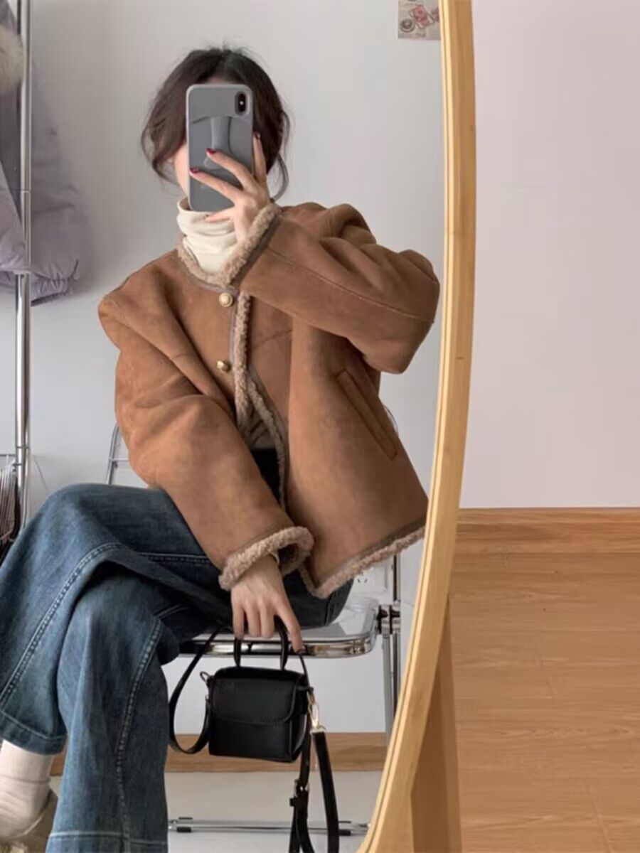 Fur integrated short lamb wool coat for women autumn and winter 2023 new style high-end lamb wool jacket