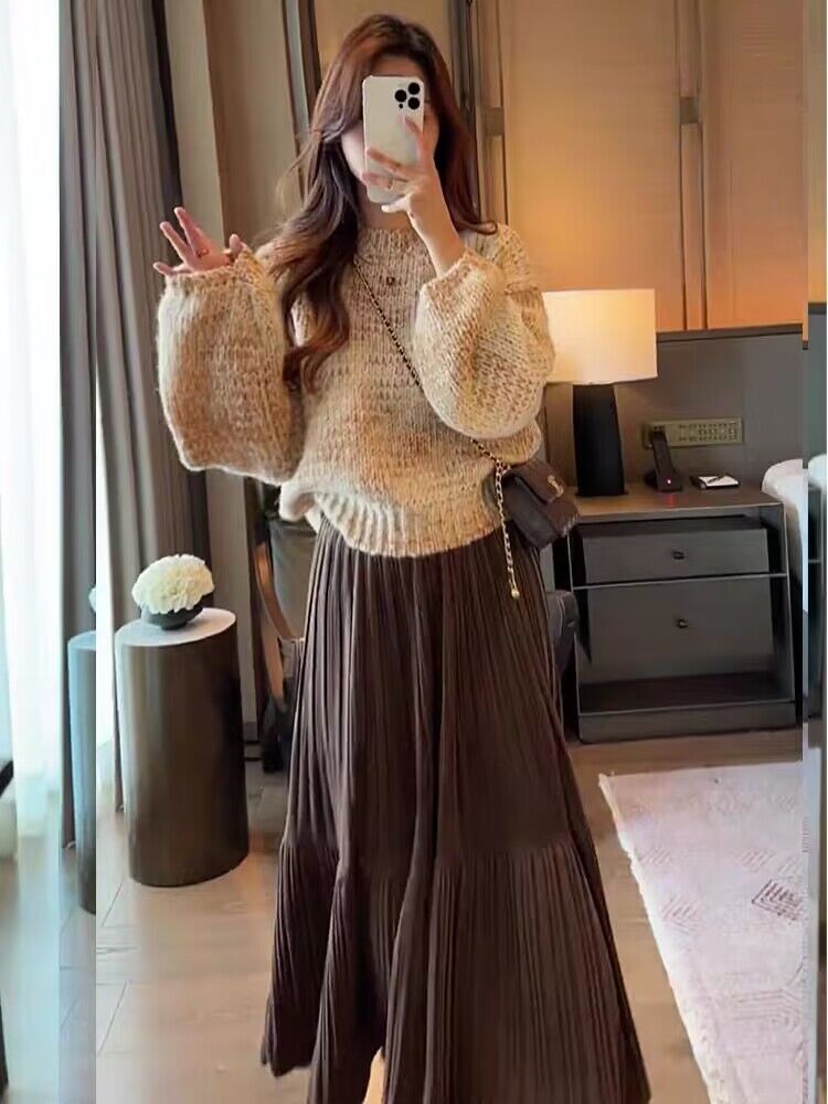 小香風套裝秋冬搭配一整套寬鬆慵懶風套頭毛衣中長款百褶裙兩件套