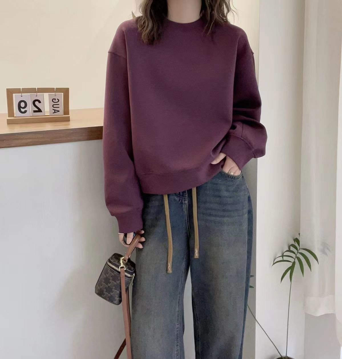 純棉華棉複合新款美拉德純色休閒女衛衣春秋款歐貨長袖簡約