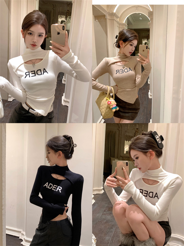 實拍～ 字母鏤空褶皺收腰長袖T恤女秋冬純色不規則短打底上衣