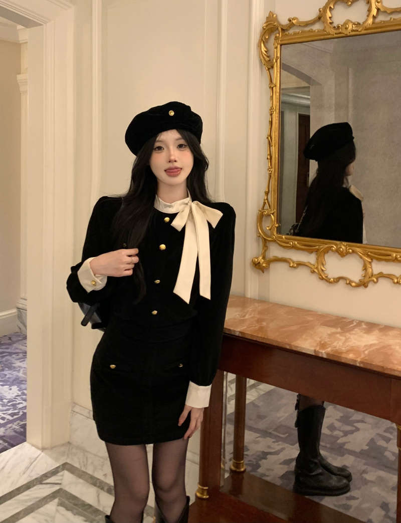 實拍 黑金小香風大小姐套裝法式蝴蝶結絲絨套裝女
