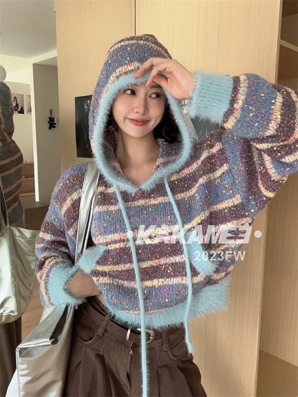 KAKAMEE美式連帽顆粒撞色條紋毛衣女軟糯慵懶風休閒百搭針織衫