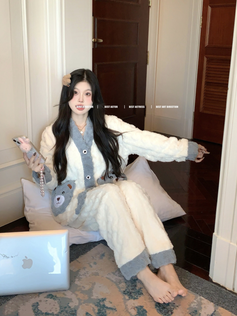 實拍 秋冬加厚加絨新款法蘭絨兩件套珊瑚絨家居服套裝可外穿