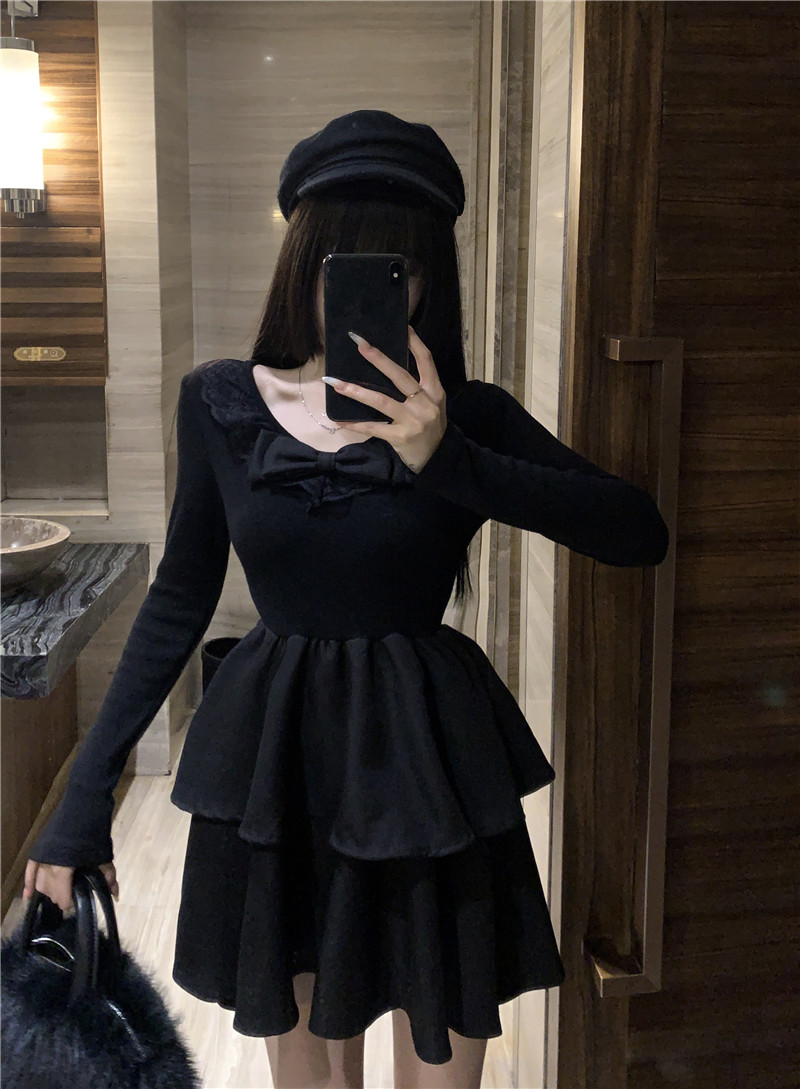 實拍碎碎冰 古堡千金法式少女收腰蓬蓬連衣裙黑色短款蛋糕裙