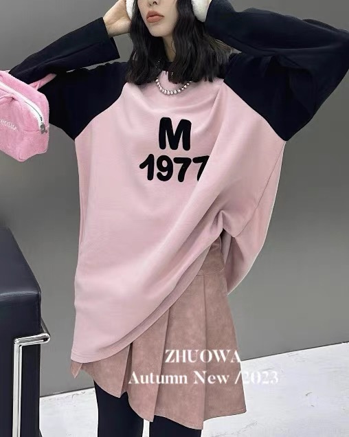 拼接復古大版套頭T恤女2023秋冬加絨中長款內搭潮上衣女