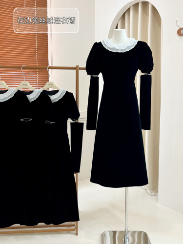 圣耳曼多多秋季新款花边领含袖套遮胯黑色丝绒连衣裙女