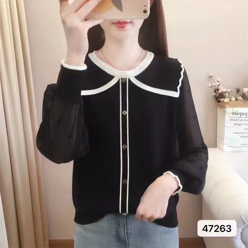 撞色拼接雪紡衫女春秋2023新款時尚簡約針織小衫洋氣長袖上衣